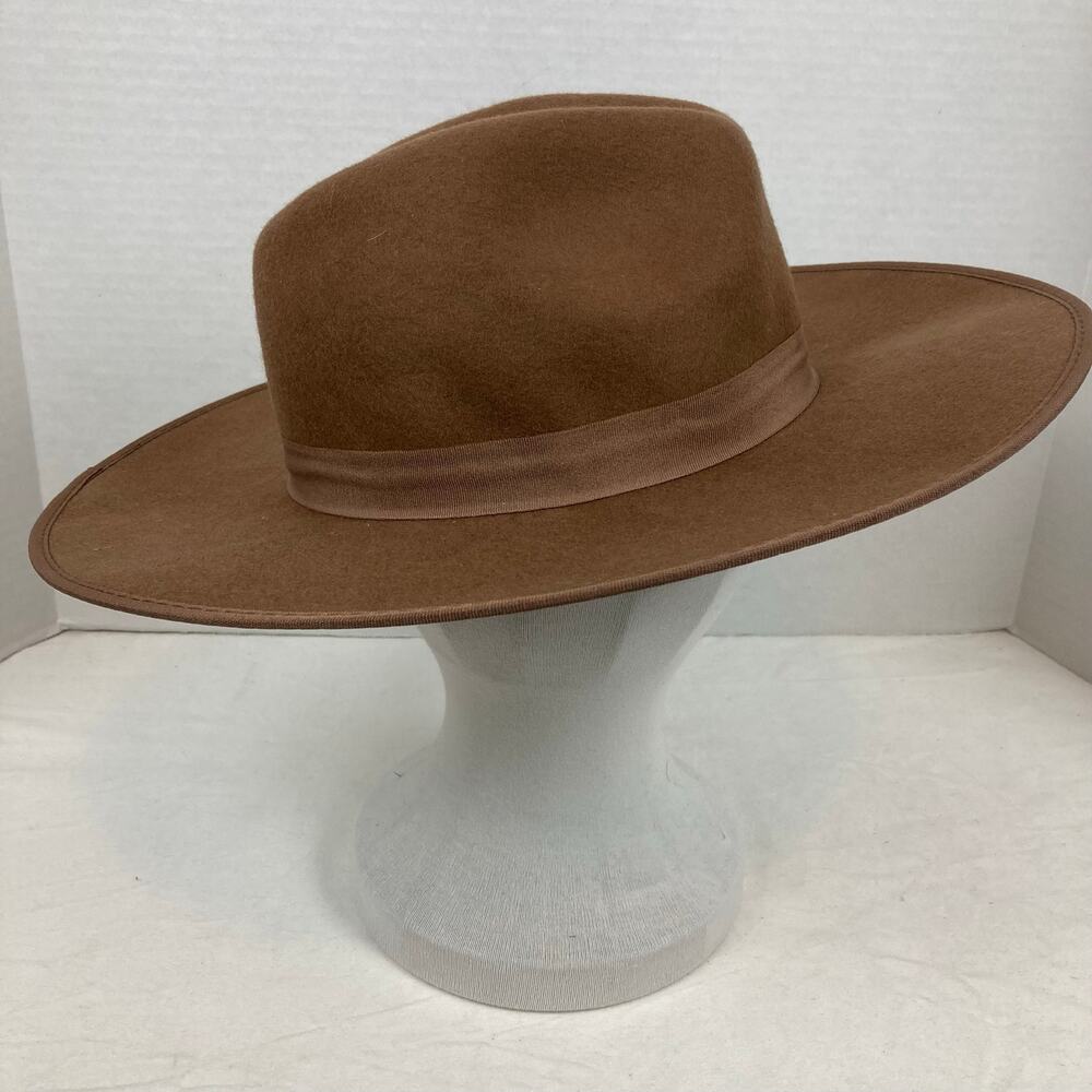 A New Day Wide Brim Fedora Hat Womens Camel Brown Wool Ribbon Band Festival Boho